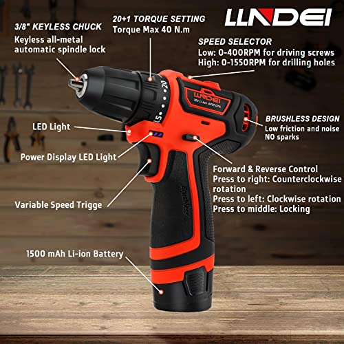 Llndei Brushless Cordless Drill Set, 354In-Lb Torque Power Drill, 0-1550Rmp Variable Speed, 3/8 Inch Keyless Chuck, 12V 1.5Ah Electric Li-Ion With Battery And Charger, Gift For Men/Women Home Tool Kit #TOP6