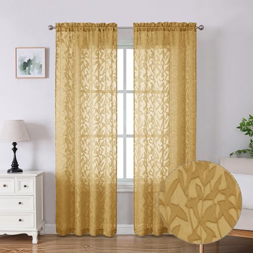 Lecloud Leia Dark Gold Sheer Curtains 84 Inches Long 2 Panels, Jacquard Textured Semi Sheer Rod Pockets Window Curtains with Leaf, Airy Gauzy Drapes for Bedroom Living Room, 40 W x 84 L