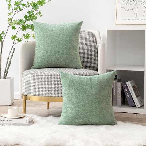 Image of MIULEE Pack of 2 Couch Throw Pillow Covers 16x16 Inch Soft Greyish Green Chenille Pillow Covers for Sofa Living Room Solid Dyed Pillow Cases