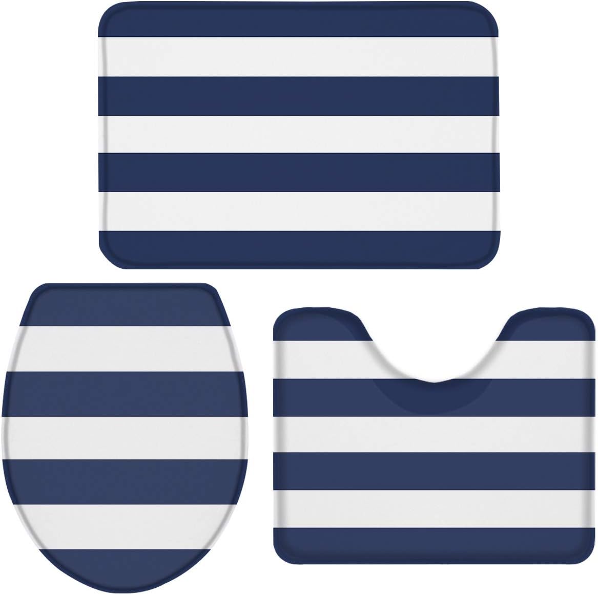 Bath Rugs Mats Set of 3, Navy Blue Non Slip Bathroom Rug+U-Shaped Contour Toilet Mat+Toilet Lid Cover, Stripe Geometric Pattern, Absorbent&Washable 3 Pcs Mats Set for Bathroom/Home