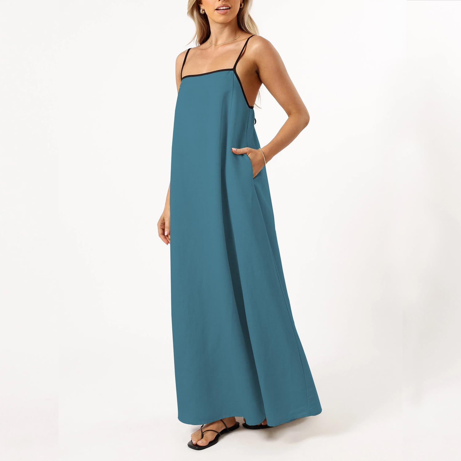 OWNGIGI Women's 2025 Summer Linen Maxi Dress Contrast Spaghetti Strap Beach Dress Backless Sleeveless Party Casual Dresses - Image 2