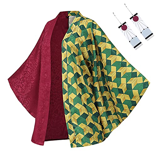 Demon-Slayer Giyuu Tomioka Kimono Cosplay - MIAQIWUYU Anime Giyuu Tomioka Kimono Haori Kimetsu no Yaiba Role Cloak Jacket Cardigan Plus Size with Earrings Set(Average Size-L)