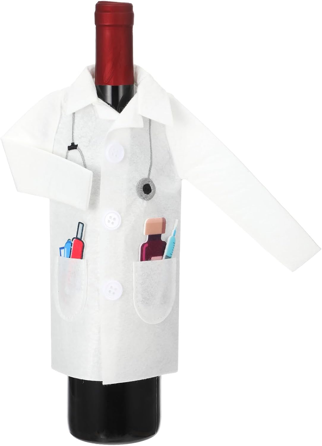 White Coat Ceremony Gifts, White Felt Doctor Coat Wine Bottle Cover with Syringe Capsules Necklace, Med School Graduation Gifts for Graduation Retirement Medical Practitioners