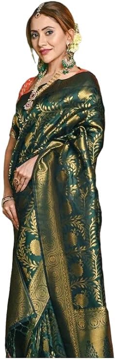 Indian Women's Banarasi Silk Saree Bridal Wedding Traditional Ethnic Saree Bridal Silk Sari with Unstitched Blouse