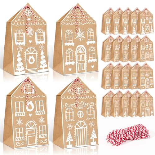 Whaline 24 Pcs Christmas Treat Bags Xmas Gingerbread House Kraft Paper Wrapping Bags Candy Cookie Goodies Bag with Red Cotton Rope for Winter Holiday Party Favors Supplies