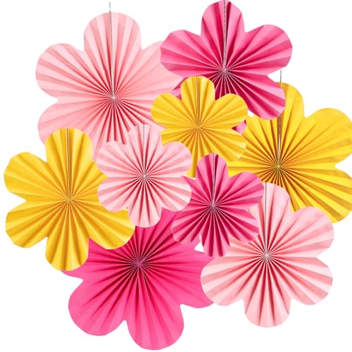 Image of Easy Joy Paper Flowers Decorations for Wall Paper Fans Classroom Decoration Paper Floral Backdrop Decor Paper Fans Decoration Hanging Paper Fans Pink Flower Wall Decor, Set of 9