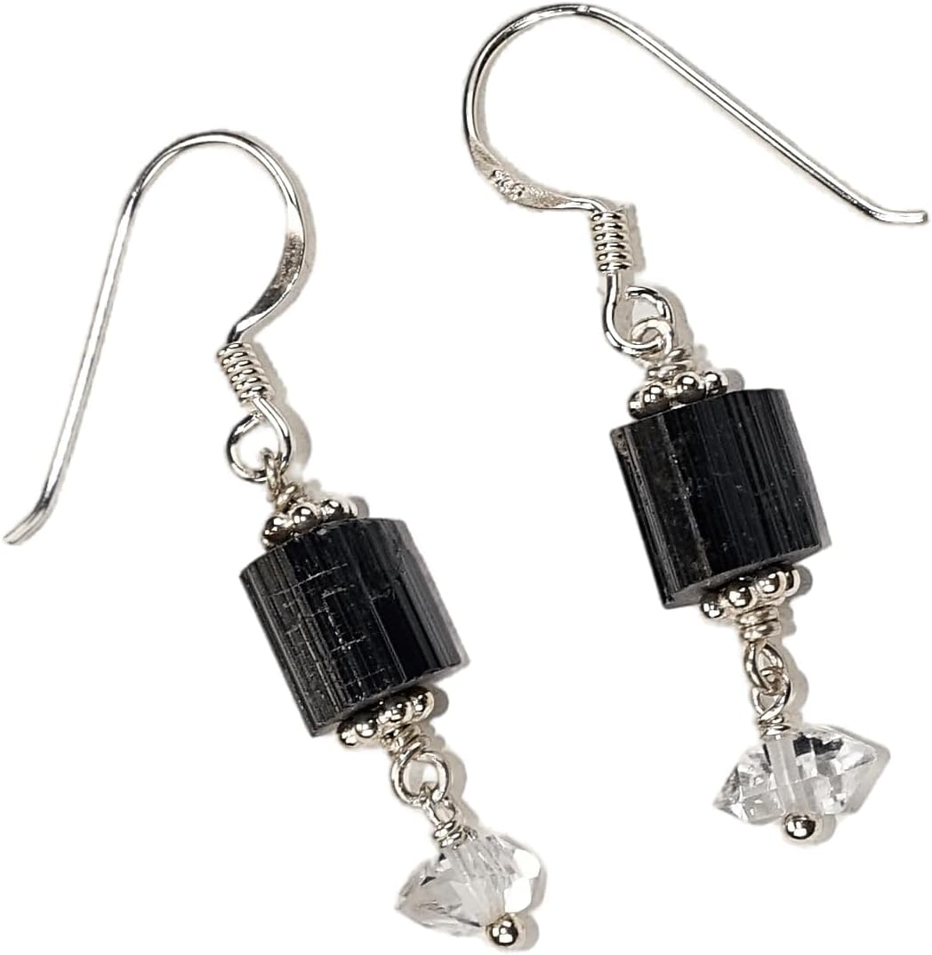 Raw Black Tourmaline and Herkimer Diamond Quartz Solid Sterling Silver Dangle Earrings - Healing and Protection Negative Energy - October Birthstone