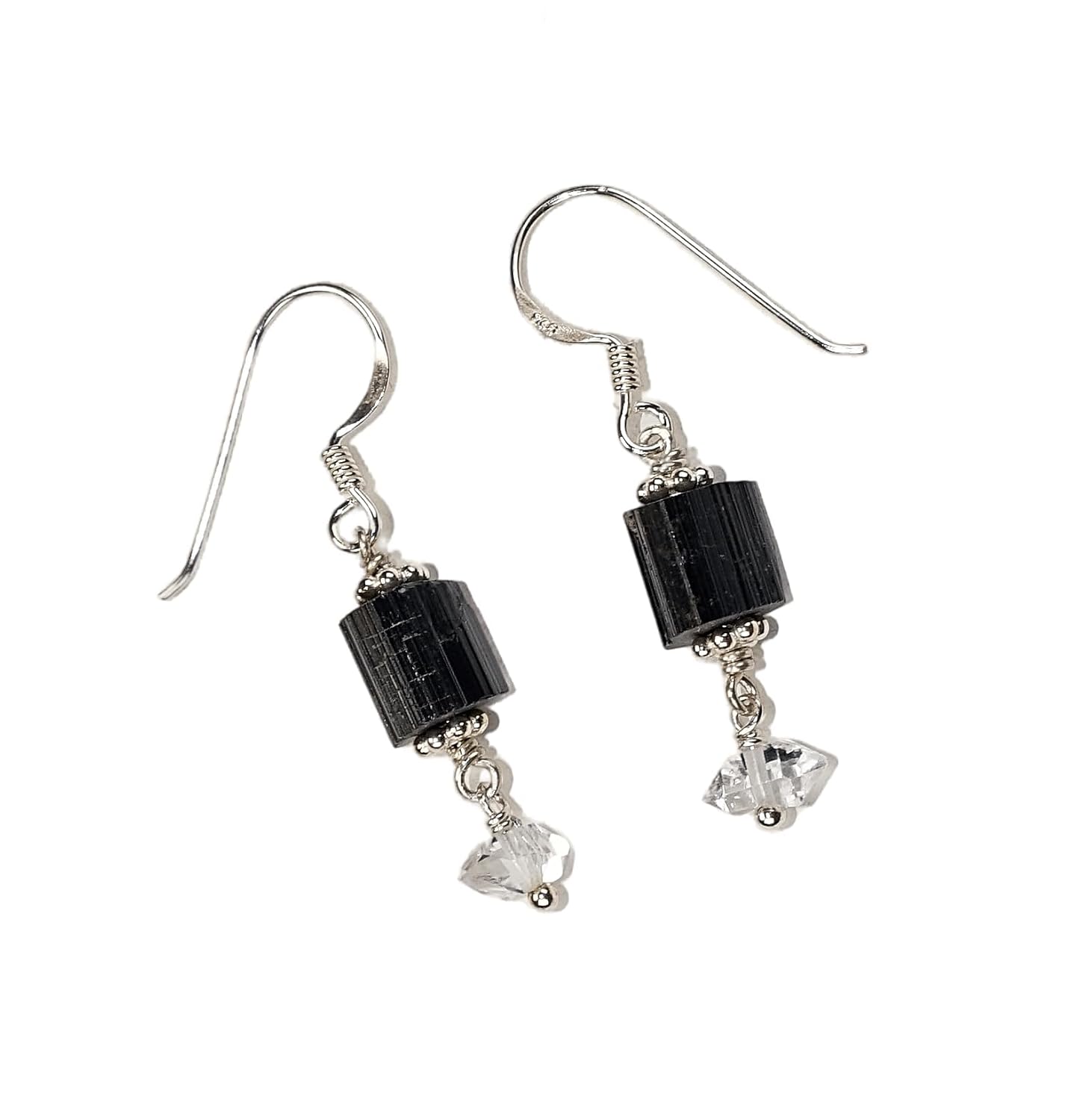 Raw Black Tourmaline and Herkimer Diamond Quartz Solid Sterling Silver Dangle Earrings - Healing and Protection Negative Energy