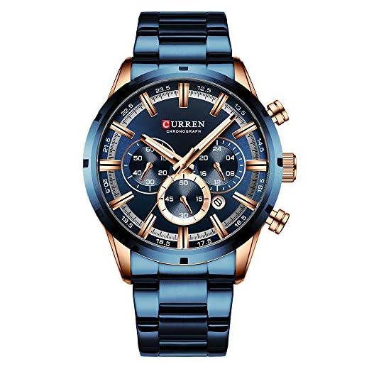 CURREN Reloj deportivo de cuarzo para hombre, cronógrafo, manecillas luminosas, reloj de acero inoxidable con fecha, Oro rosa azul., Cronógrafo, movimiento de cuarzo