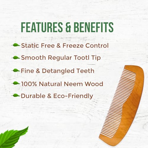 Image of COMBELLE Premium Neem Wood Comb - Eco-Friendly, Oil-Treated Anti-Hairfall & Frizz Control Comb for Men, Women, & Kids - Natural Wooden Comb for Healthy Hair, Dandruff Control, and Scalp Massage (NEEM COMB-2)