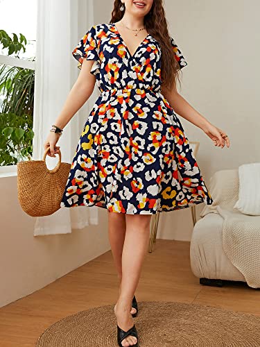 Kiboule Vestido feminino plus size estampado manga curta cintura elástica vestido casual