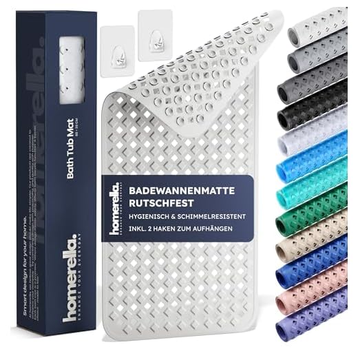 Homerella Badewannenmatte rutschfest Hautsensitiv 88x39cm, INKL. AUFHÄNGUNG | Antirutschmatte Badewanne BPA frei | Duschmatte schimmelresistent & maschinenwaschbar | Badematte rutschfest (Weiß)