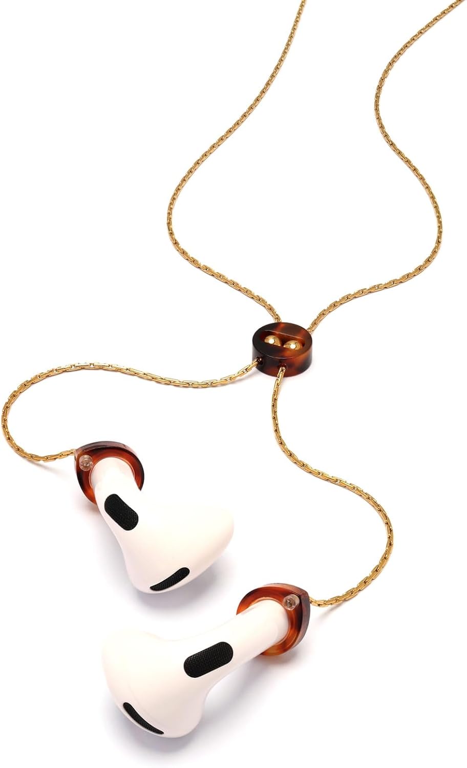 Adjustable Anti-Lost Earbud Necklace with Acetate Slider, Vacuum Plated Stainless Steel Chain, Compatible with AirPods 1/2 / 3/4, AirPods Pro/Pro 2 (Tortoiseshell Amber – Gold Chain)