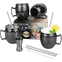 LINALL Moscow Mule Mugs- Set of 4 Gunmetal Black Stainless Steel Mug Set 18oz 4pcs Cup Mat Mugs Set, for Chilled Drinks Cocktail Glass