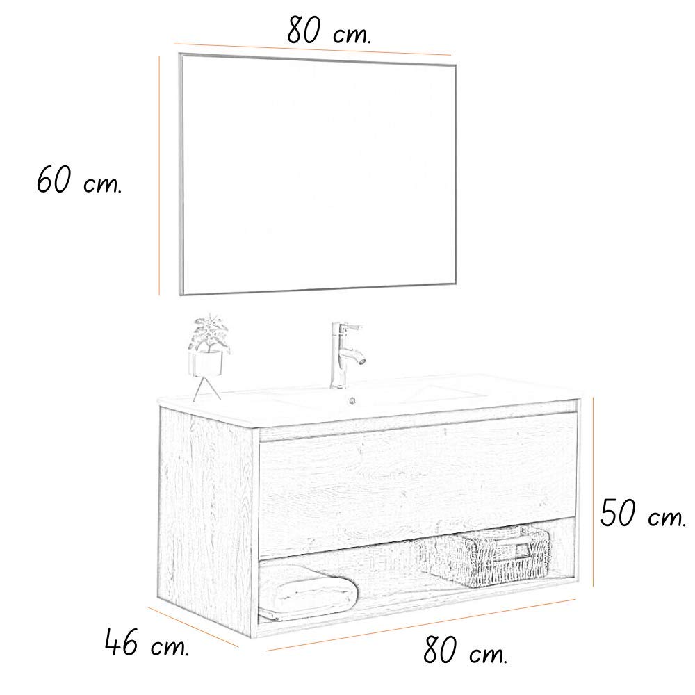 ZIK - Mobile Bagno con Lavabo e Specchio Moderno, Lavandino Bagno con Mobiletto in Legno e Ceramica, Mobile Sospeso con Finiture Eleganti e Cassetto e Vano Salvaspazio (Grigio Rovere 80cm.)