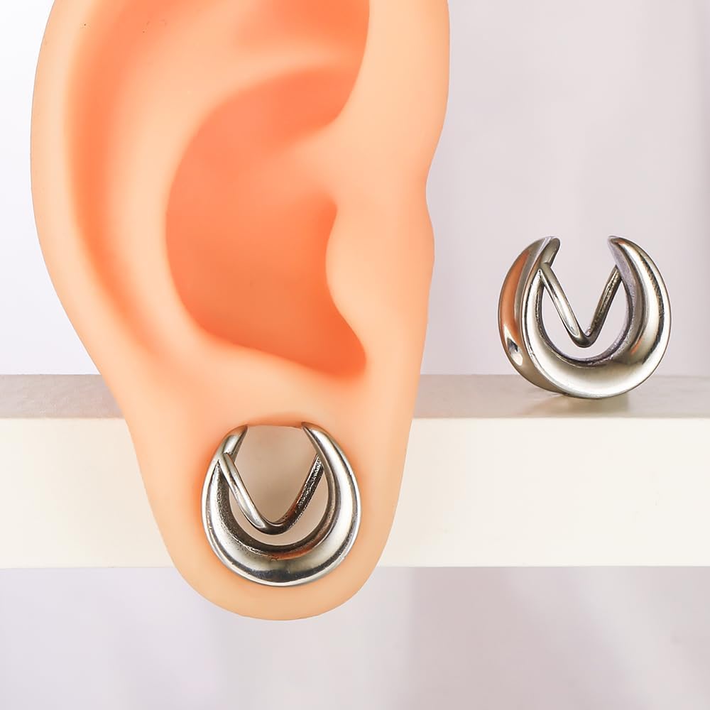 LADEMAYH 2Pcs Saddle Plugs for Ear Gauges, Double Arc V-Shaped Design, 0g-5/8in Hypoallergenic Surgical Stainless Steel 316L Ear Stretching Jewelry for Men & Women