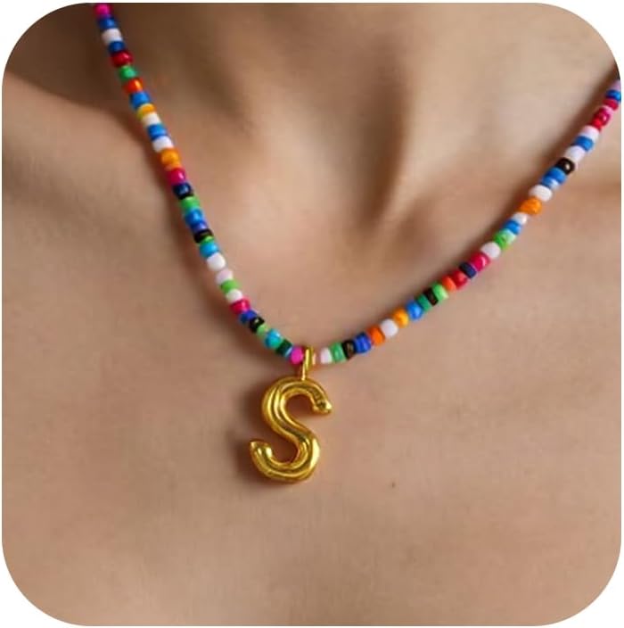 Initial Necklace for Women, Cute Colorful Beaded Necklaces, Gold Bubble Letter Choker Necklace, Summer Beach Boho Necklaces, Trendy Personalized Valentine's Day Jewelry Gifts