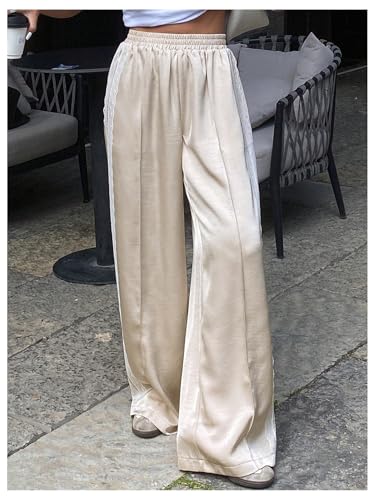 Women's Y2k Lace Baggy Pants Elastic Waist Wide Leg Satin Casual Trousers3