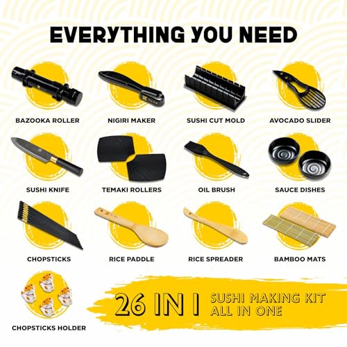 Alas Sushi Making Kit- Complete Sushi Making Kit for Beginners & Pros Sushi Makers, Perfect Sushi Making Kitchen Accessories Like Sushi Knife, 2 Sushi Mats, Rice Bazooka, Dipping Plate, & More (Black) by Alas - Image 7