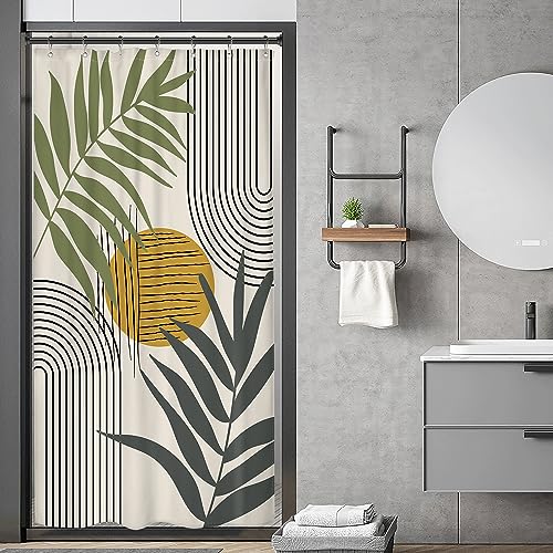 Image of Riyidecor Abstract Leaves Shower Curtain Mid Century Boho Sun Geometric Vintage Simple Modern Plant Minimalist Curve 36Wx72H Inch Aesthetic Fabric Decor Bathroom Polyester Waterproof 7 Pack Hooks