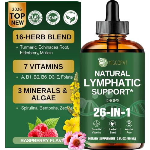 Migcopat 26-in-1 Liposomal Lymphatic Drainage Drops, Raspberry Flavor | 7 Vitamins, Turmeric, Echinacea, Dandelion Root & Zeolite for Daily Lymphatic Support, Vegan, Alcohol-Free, Non-GMO, 2 fl oz