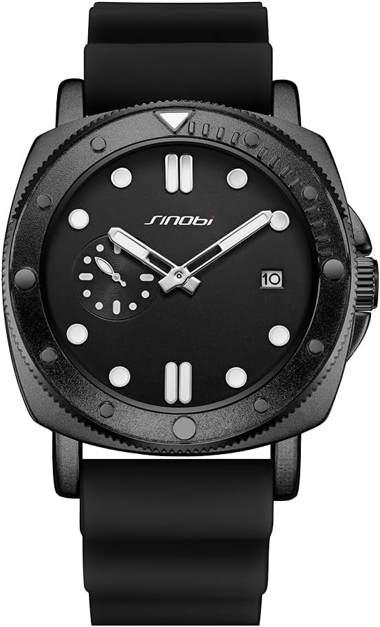 SINOBI Watches for Men with Calendar, Rotating Bezel and Small Seconds Dial Silicone Strap Water-Resistant Mens Watch