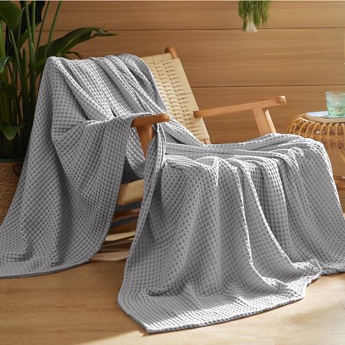 Bedsure Lightweight 100% Cotton Waffle Blanket, Throw XL, Grey