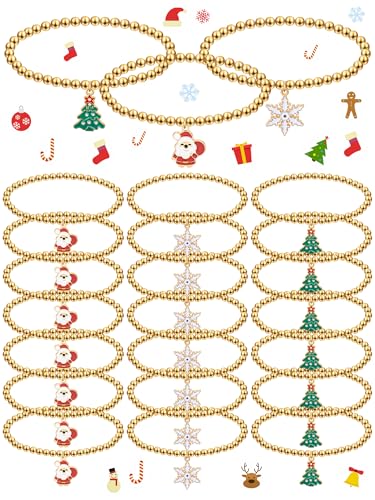 Cunno 24 Pack Christmas Gold Beaded Bracelets with Pendant Santa Snowflake Xmas Tree Gold Stretchable Bracelets Christmas Charms Jewelry Gift Bulk for Women Family Friends Holiday Party Favors