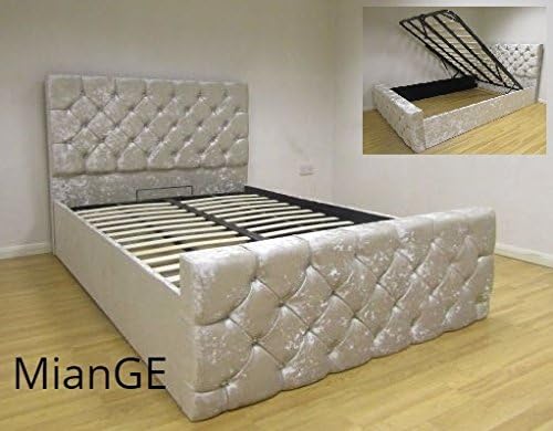 MianGE LUXURY OTTOMAN STORAGE CHESTERFIELD STYLE BED IN CRUSHED VELVET FABRIC DIAMANTE & MATCHING FABRIC BUTTONS 4ft6 Double (Diamante), CREAM