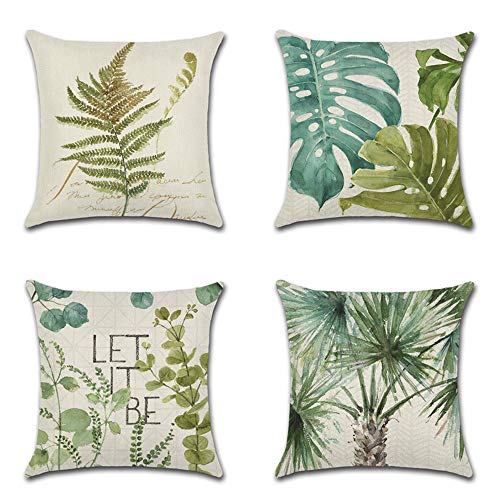 BAOKU Cushion Covers 45cm x 45cm Set of 4 Tropical Botanic Leaves Decorative Throw Pillow Covers 18x18Inch Linen Square Cushion Cover