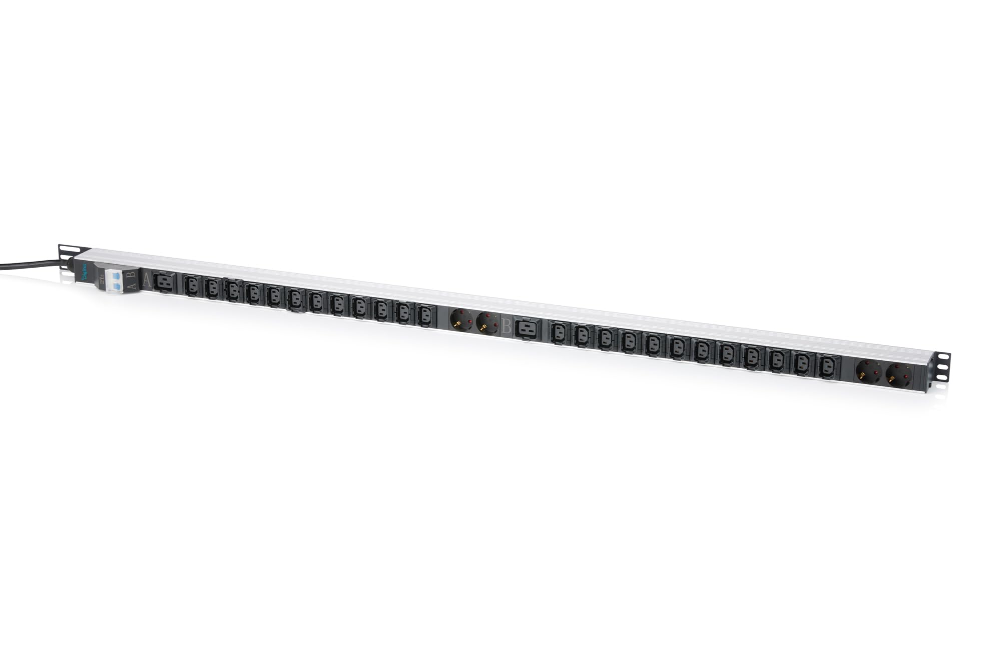 DIGITUS Basis IT PDU – 24 x C13, 2 x C19, 4 x Schutzkontaktsteckdose | 2x Leitungsschutzschalter 16A – 1-phasig 32A – 3 m Zuleitung – IEC 60309 32A Stecker – 8000W