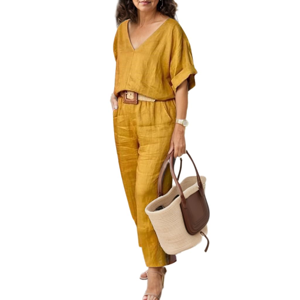 Womens 2 Piece Cotton Linen Set Solid Color Short Sleeve Top and Wide Leg Pants Trousers Suits with