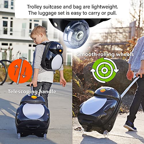 Kiddietotes Kids Carry-On Upright Luggage Suitcase And Backpack Set - Smooth Rolling Wheels - Penguin #TOP5