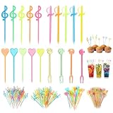 200 púas de plástico para Frutas para cócteles y Aperitivos, Pinchos Decorativos Multicolor para Bebidas y Comida con Formas de Animales, Corazones, Notas Musicales y Espadas, Palillos para Fiesta