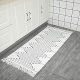 hi-home Boho Teppich, Baumwolle Gewebte Teppiche mit Quasten Gitter Muster Waschbar Marokkanisch Teppich Retro Läufer für Wohnzimmer Schlafzimmer Eingangstür Küche 60x130cm (Weiss)