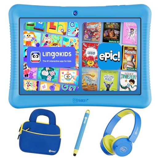 Contixo 10" Android Kids Tablet Bundle - 32GB, Epic! & Lingokids Educational Apps, Parental Controls, Kid-Proof Case w/Kickstand & Stylus, Headphones & Sleeve Bag - Blue