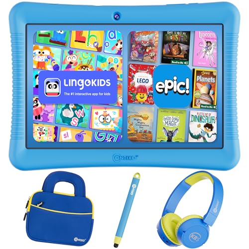 Image of Contixo 10 inch Android Kids Tablet Bundle - 32GB, Epic! & Lingokids Educational Apps, Parental Controls, Kid-Proof Case w /Kickstand & Stylus, Headphones & Sleeve Bag - Blue