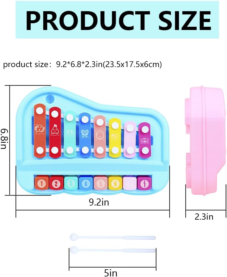 2 in 1 Piano Xylophone for Toddlers ,8 Multicolored Cause and Effect Toys Baby Xylophone,Musical Instrument Toy Piano for Toddlers (Blue)