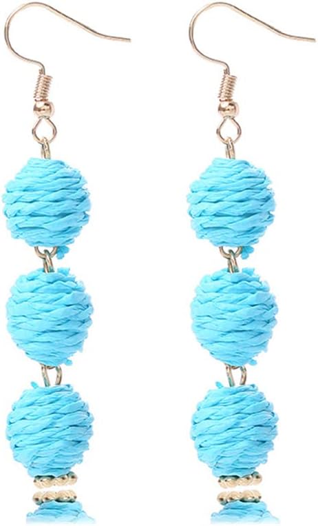 Colorful Long Natural Rattan Raffia Ball Drop Dangle Earrings Boho Handwoven Braid Straw Wicker Beaded for Women Handmade Bohemian Summer Beach Holiday Jewelry