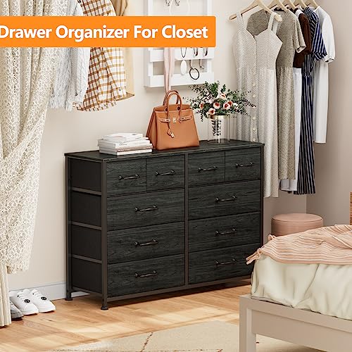 Furnulem 10 Drawer Dresser For Bedroom, Chest Of Drawer For 55'' Long Tv Stand Entertainment Center, Storage Organizer For Closet, Living Room, Entryway, Fabric Bins, Wood Top, Metal Frame(Black Oak) #TOP6