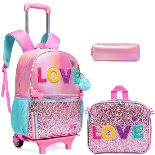 Rolling Backpack for Girls Cute Pink Backpack with Wheels Girls Backpack with Lunch Box Set Wheeled Backpack for Girls Kids Suitcase for Girls 3 in 1 Back to School Supplies