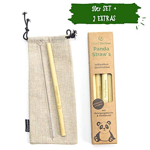 Planet Bamboo : Pailles de Bambou (10 pièces | 18 cm | Extra épais) avec Brosse de Nettoyage et Sac en Tissu.