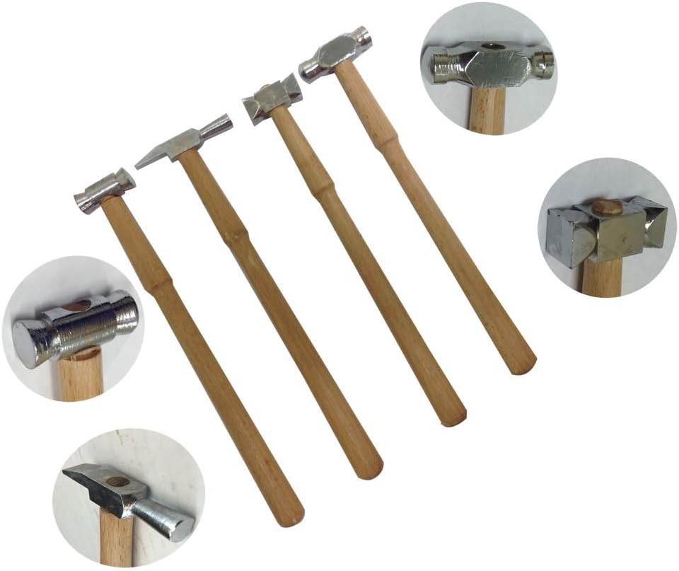 4pc Jeweller's Steel Hammer Set - 9" - Wooden Handle - Square, Ballpein, Chisel Head