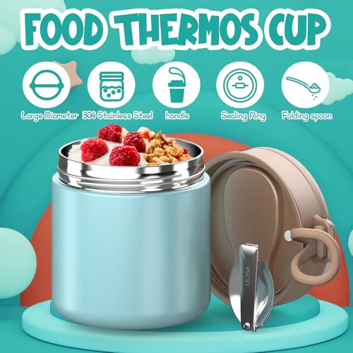 Insulated Food Jar for Kids - 15.2 Oz, Thermo for Hot Food, Soup Thermo, Insulated Food Container, Termos Para Comida Caliente, Width Mouth Stainless Steel Lunch Box with Spoon, Blue