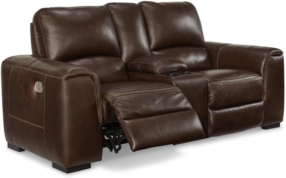 BOWERY HILL Modern Leather Power Reclining Loveseat, Walnut Finish, 41"x84"x40", Adjustable Headrest, USB Charging Port, High-Resiliency Foam Cushions, Contemporary Living Room Seating
