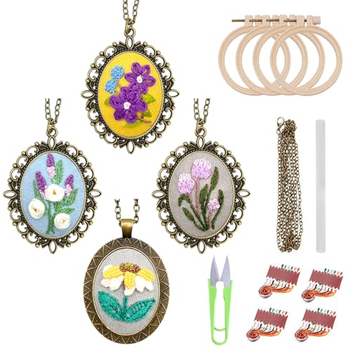 Image of ZOCONE New 4 Packs Embroidery Necklace Kits, Embroidery Pendant Kit Mini Cross Stitch Kit with Hoop, Necklace, Pendant, Stamped Pattern Cloth, Instructions, etc., Embroidery Kits for Adults