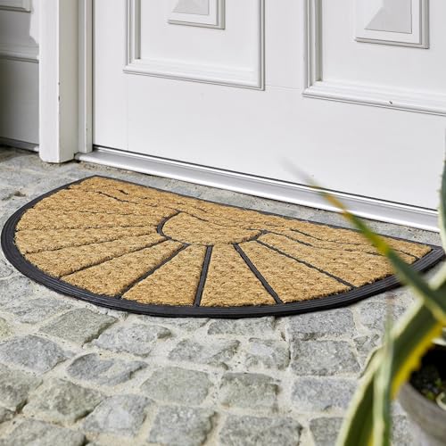 Astra rutschfeste Fußmatte außen wetterfest - Coco Deluxe Eingangsmatte aus Gummi und Kokosfasern antibakteriell - Schmutzfangmatte 45x75 cm Sonne halbrund