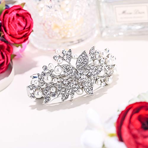 Foto von EVER FAITH® österreichischen Kristall künstliche Perle elegant Haarschmuck Haarspange Silber-Ton
