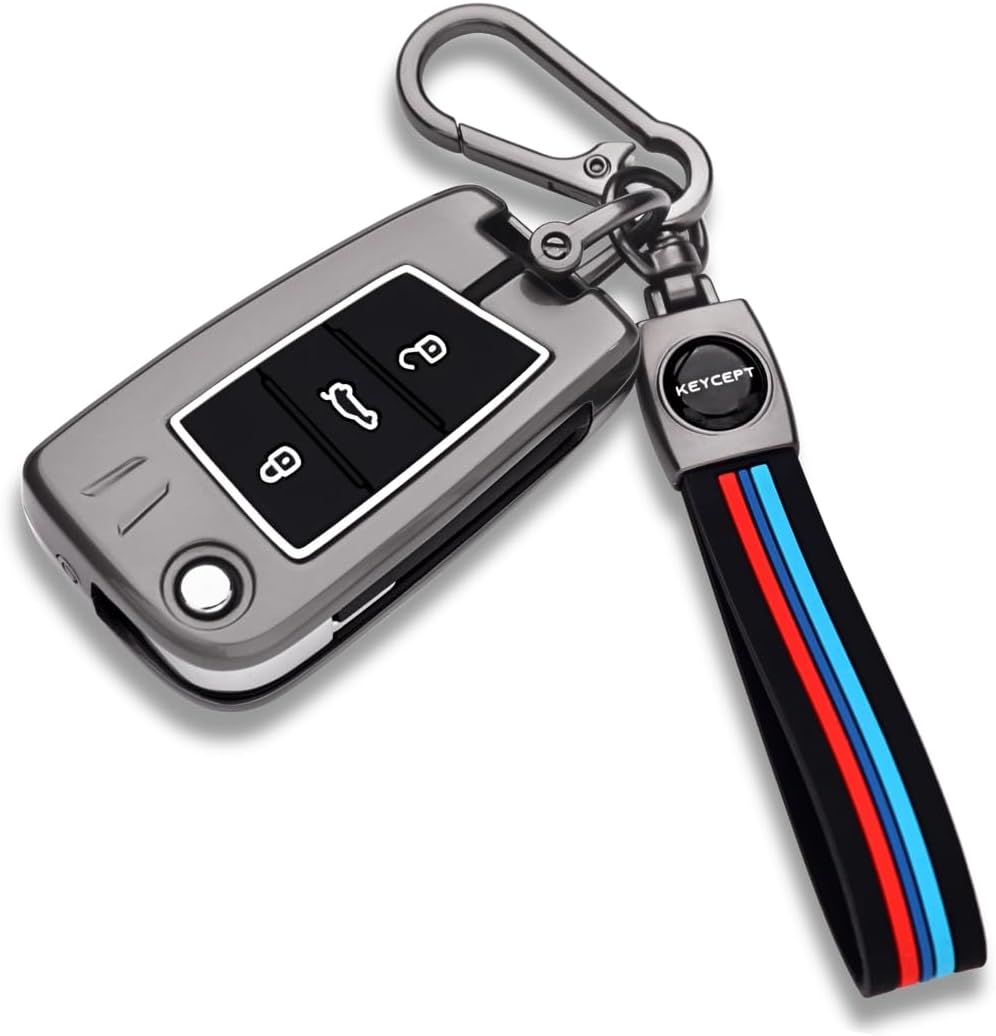 KEYCEPT Metal Alloy Key Cover for Skoda and Volkswagen - Kushaq | Octavia | Kodiaq | Superb | Slavia | Passat | Taigun | Tiguan | Virtus | T ROC 3 Button flip Key with Keychain (Long Keychain).