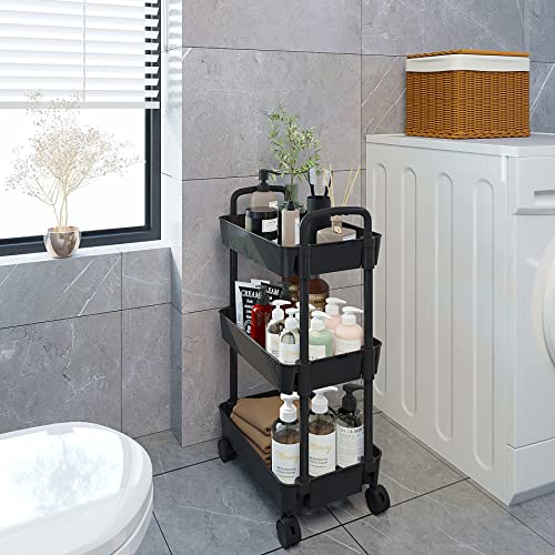 Sywhitta 3-Tier Plastic Rolling Utility Cart With Handle, Multi-Functional Storage Trolley For Office, Living Room, Kitchen, Movable Storage Organizer With Wheels, Black #TOP6
